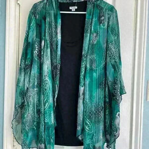Rebecca Malone Plus Size-3X Green Paisley Shear Top Over Built In Tank Top